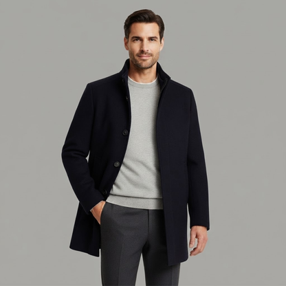 Men's Winter Coat with Stand Collar and Button Closure