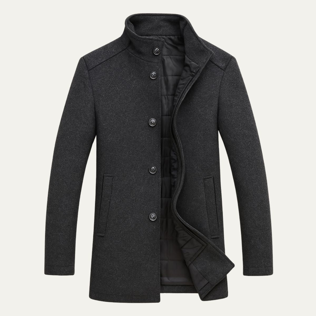 Men's Winter Coat with Stand Collar and Button Closure