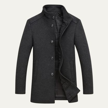 Men's Winter Coat with Stand Collar and Button Closure
