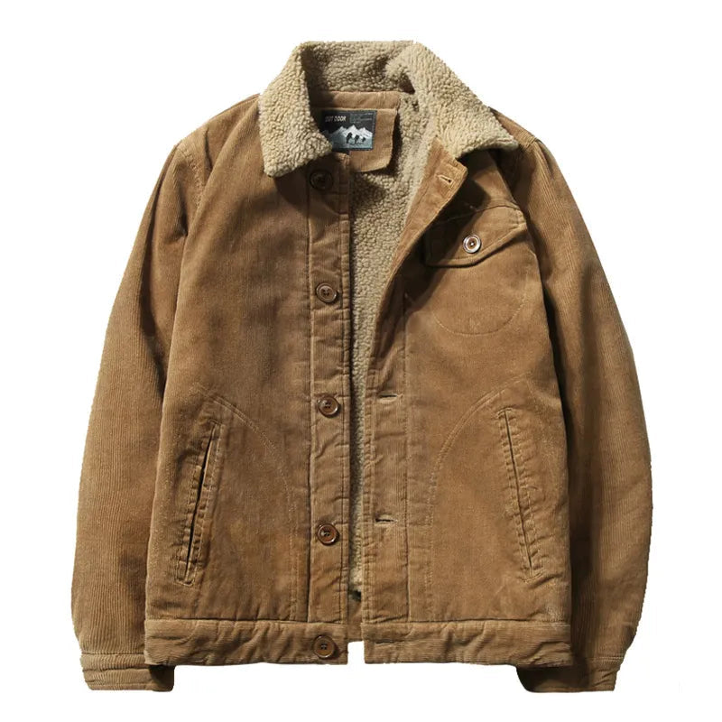 Men's Winter Jacket Corduroy with Sherpa Lining and Button Closure
