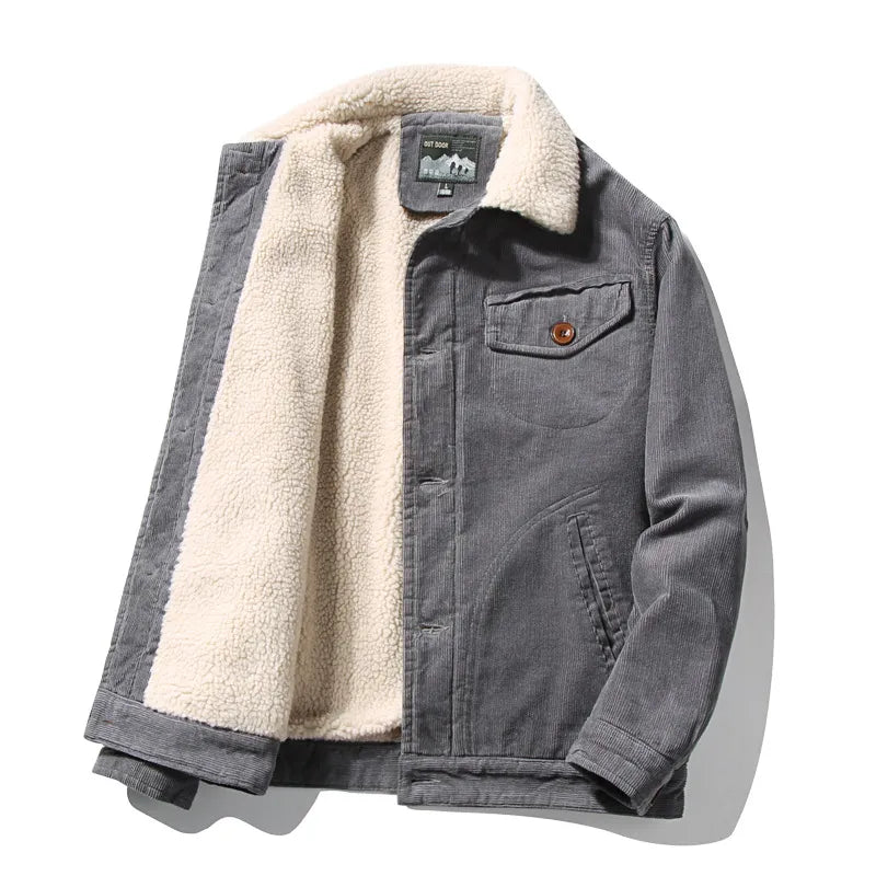 Men's Winter Jacket Corduroy with Sherpa Lining and Button Closure