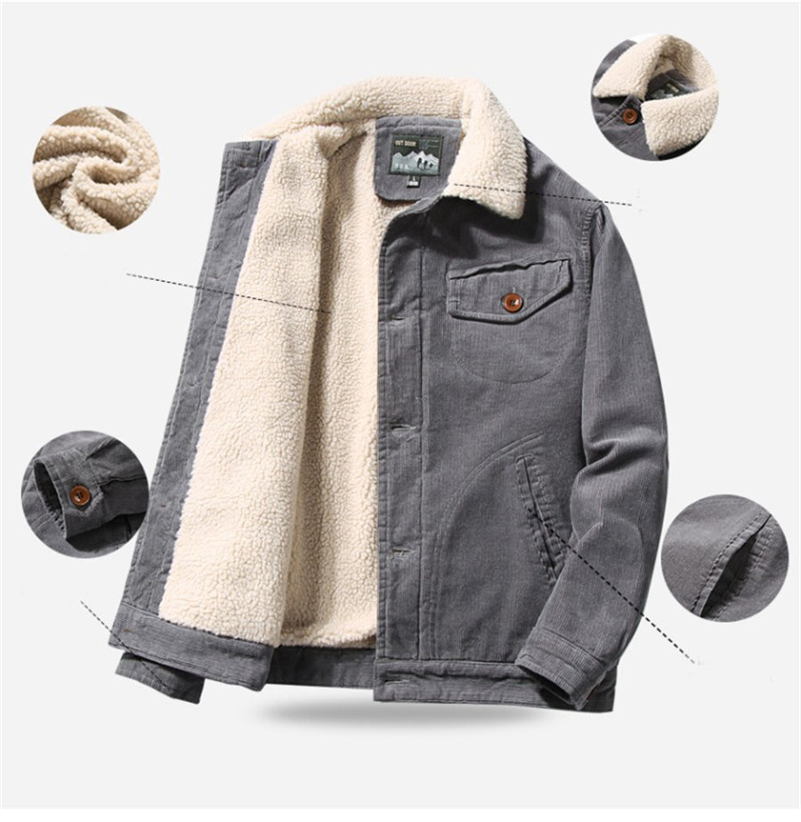 Men's Winter Jacket Corduroy with Sherpa Lining and Button Closure