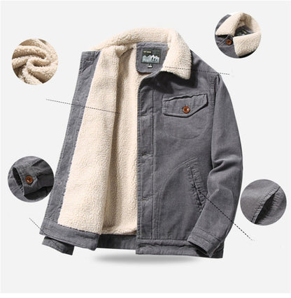 Men's Winter Jacket Corduroy with Sherpa Lining and Button Closure