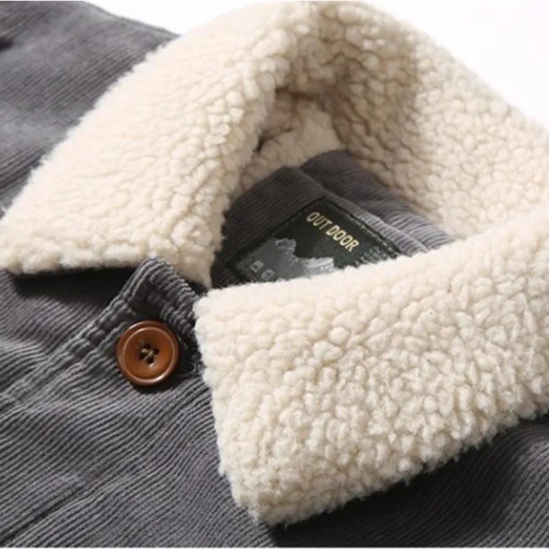Men's Winter Jacket Corduroy with Sherpa Lining and Button Closure