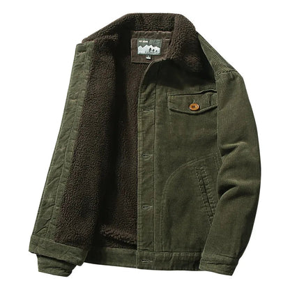 Men's Winter Jacket Corduroy with Sherpa Lining and Button Closure