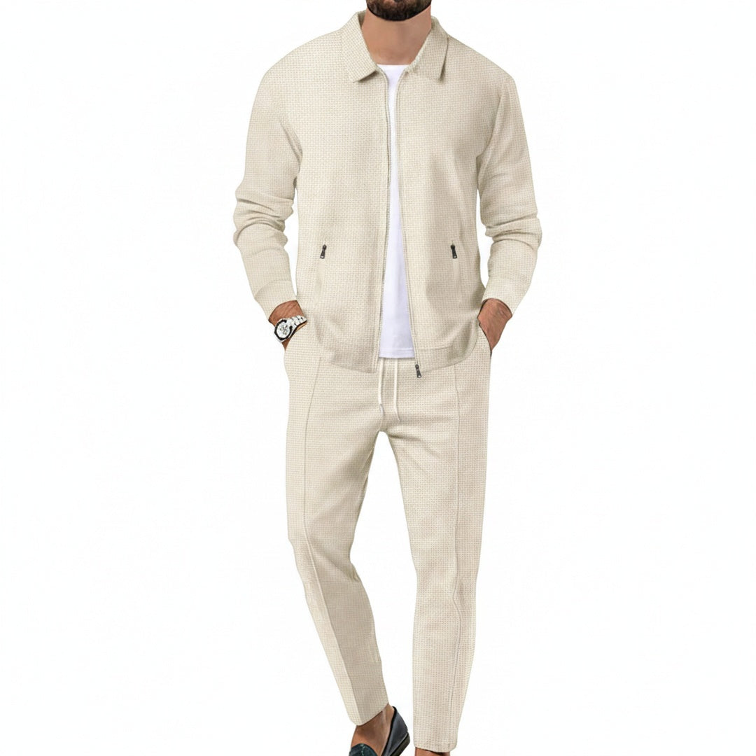 Men's Zip-Up Clothing Set with Collar and Drawstring Trousers