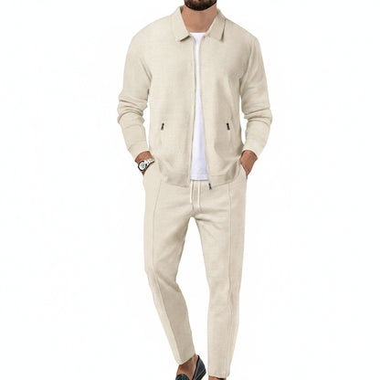 Men's Zip-Up Clothing Set with Collar and Drawstring Trousers