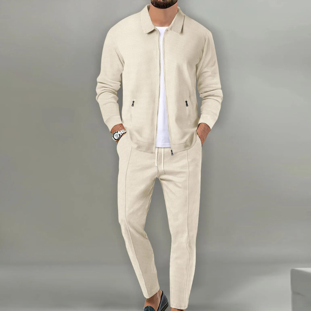 Men's Zip-Up Clothing Set with Collar and Drawstring Trousers