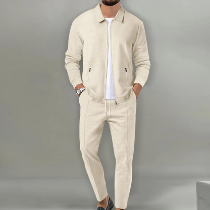 Men's Zip-Up Clothing Set with Collar and Drawstring Trousers