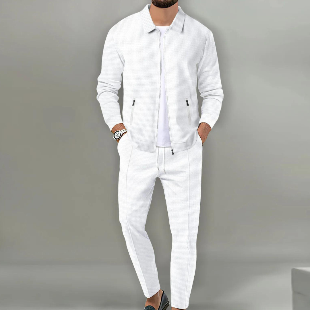 Men's Zip-Up Clothing Set with Collar and Drawstring Trousers