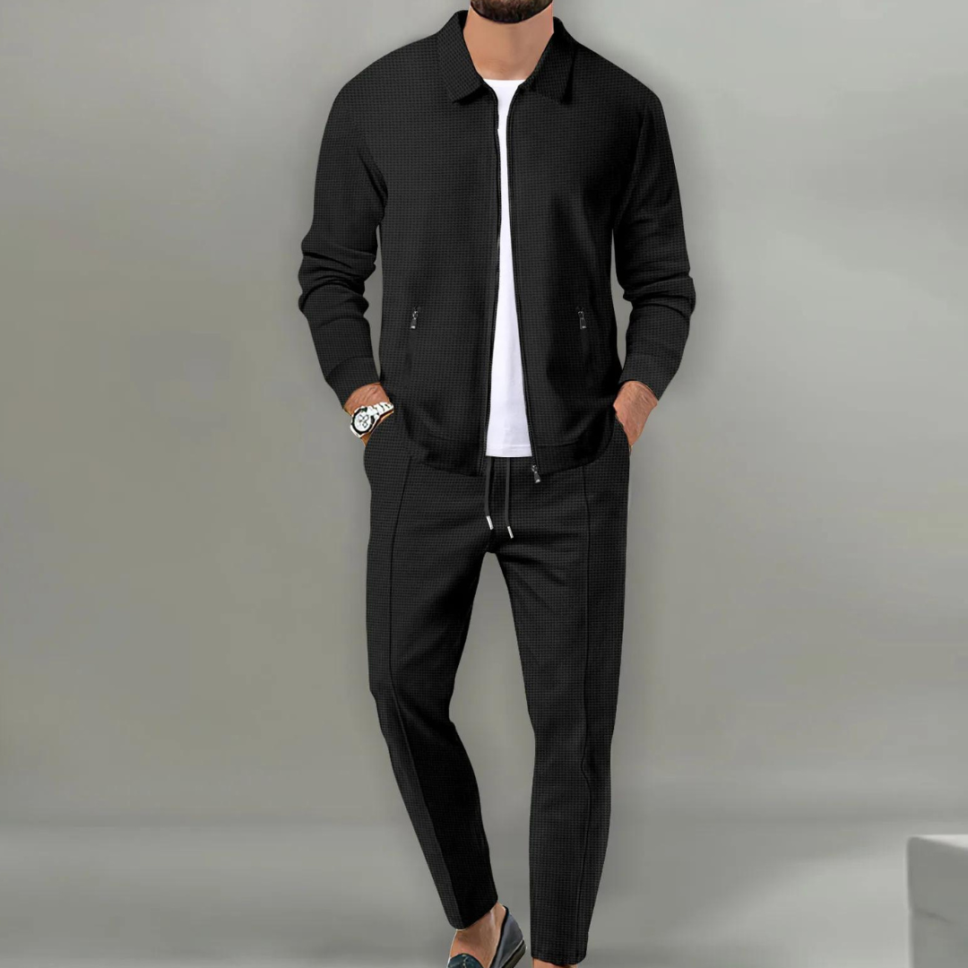 Men's Zip-Up Clothing Set with Collar and Drawstring Trousers