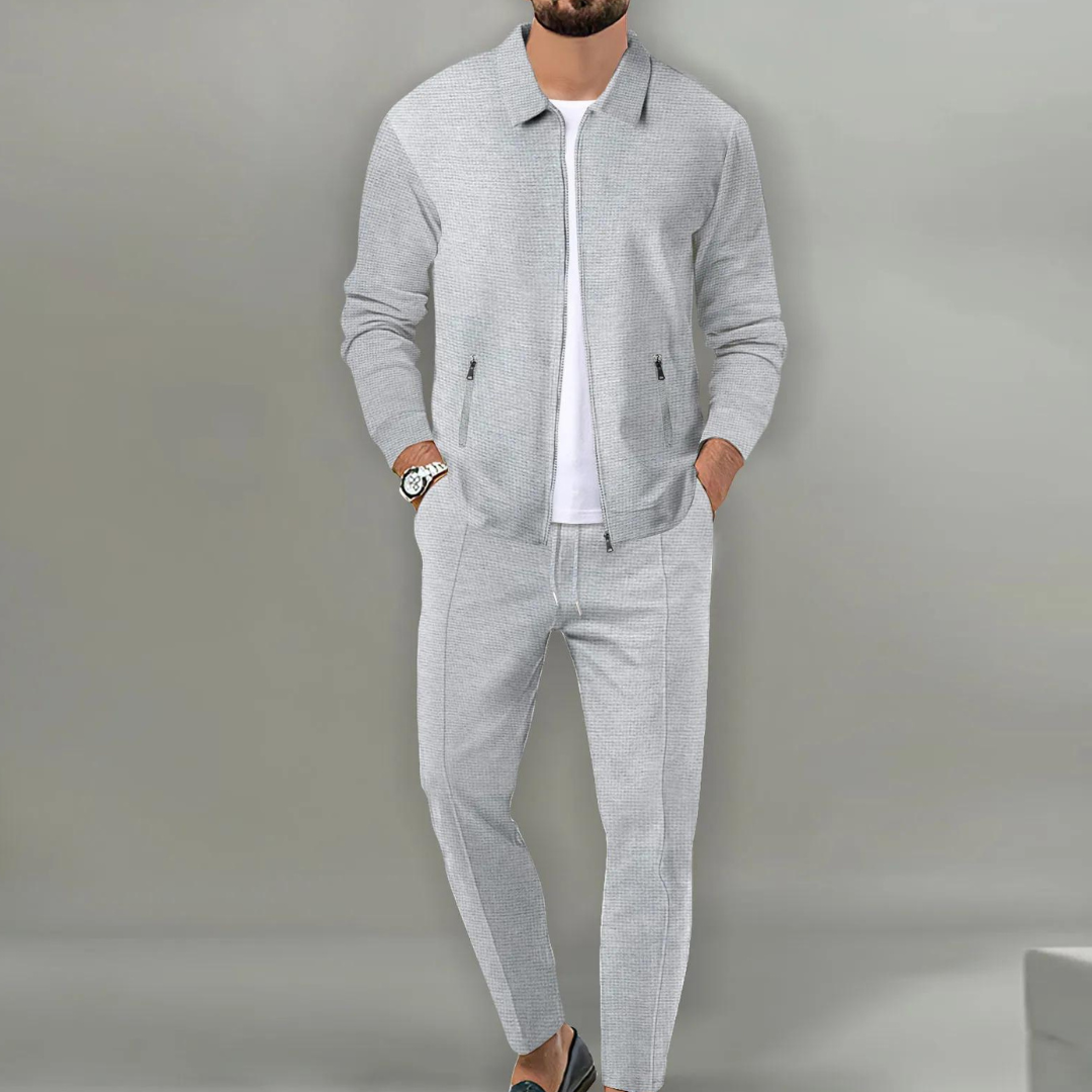 Men's Zip-Up Clothing Set with Collar and Drawstring Trousers