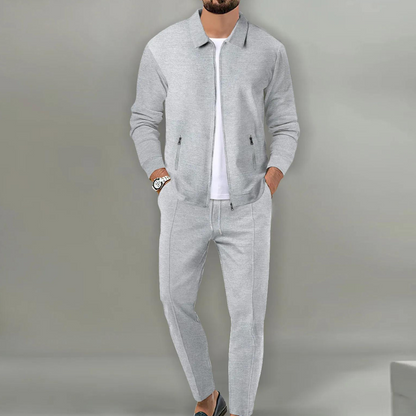Men's Zip-Up Clothing Set with Collar and Drawstring Trousers