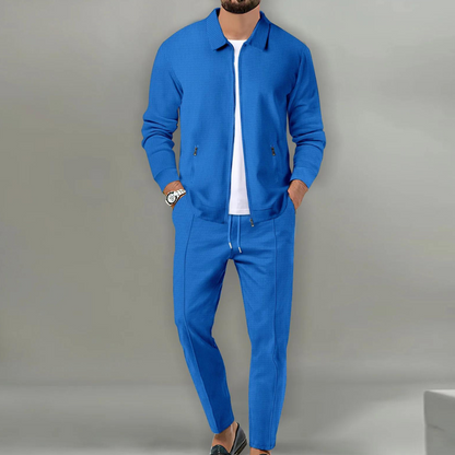 Men's Zip-Up Clothing Set with Collar and Drawstring Trousers