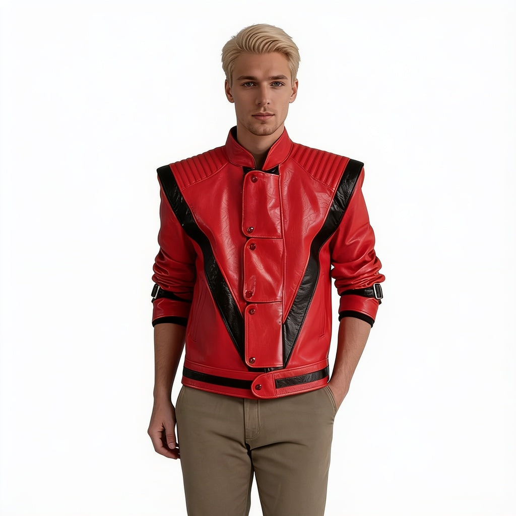 Unisex Faux Leather Thriller Jacket with V-Stripe Detail and Stand-Up Collar