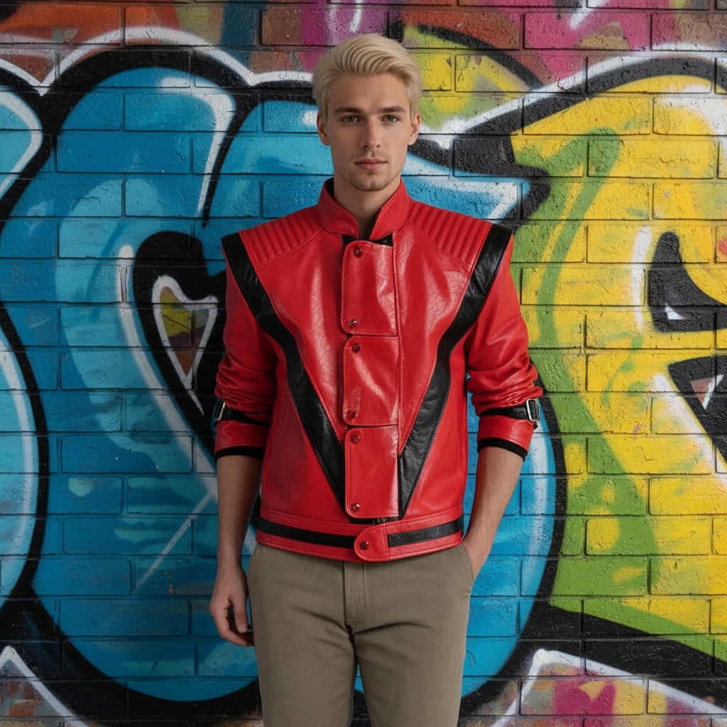 Unisex Faux Leather Thriller Jacket with V-Stripe Detail and Stand-Up Collar