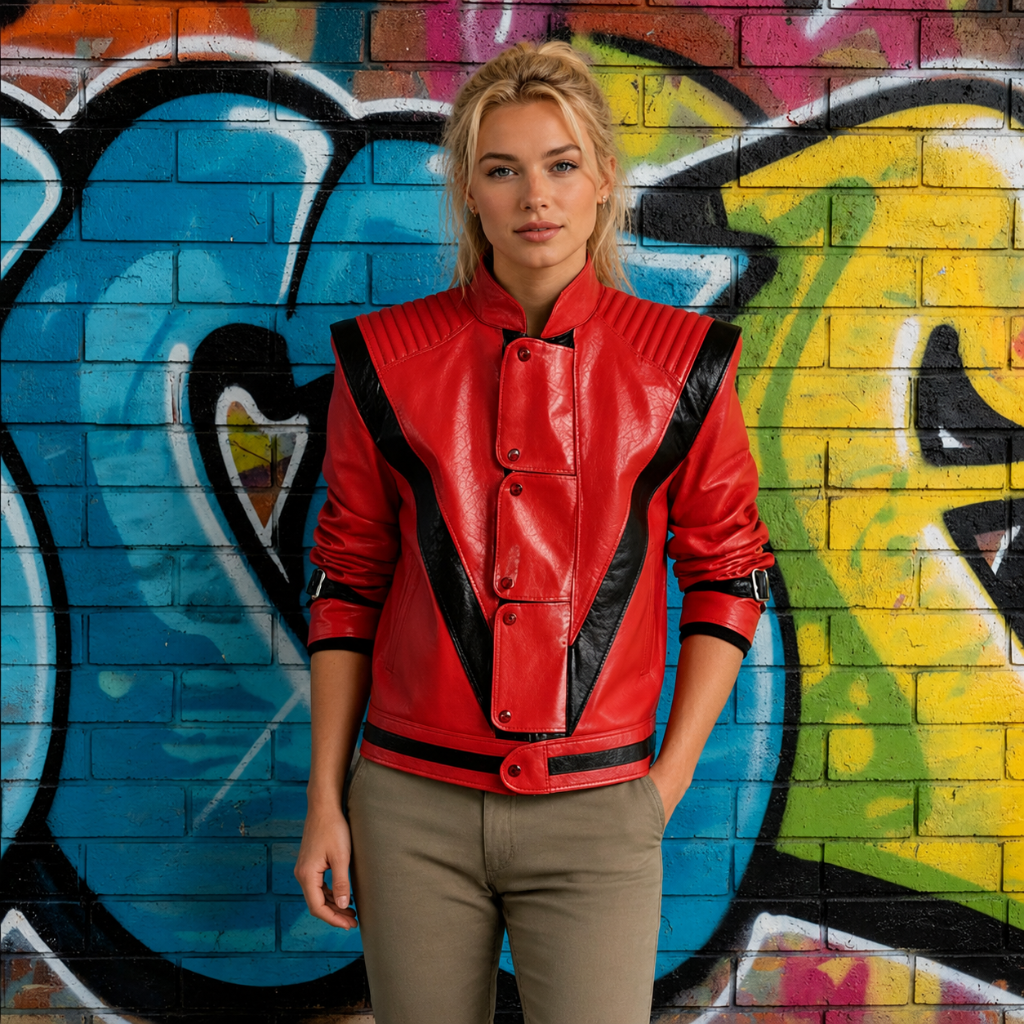 Unisex Faux Leather Thriller Jacket with V-Stripe Detail and Stand-Up Collar