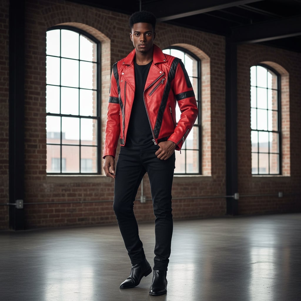 Unisex Faux Leather Thriller Jacket with V-Stripe Detail and Stand-Up Collar