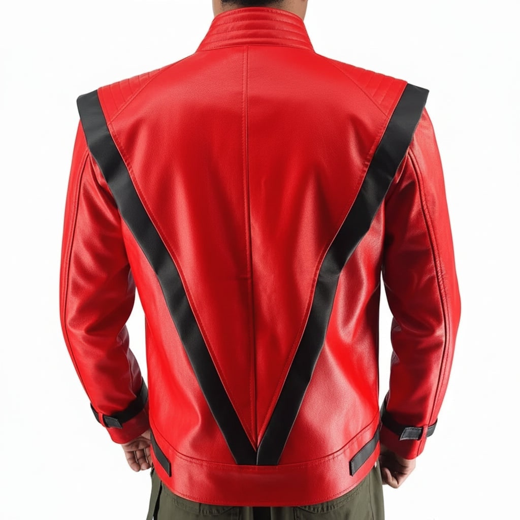 Unisex Faux Leather Thriller Jacket with V-Stripe Detail and Stand-Up Collar