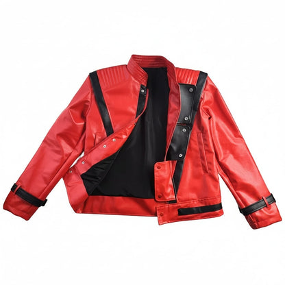 Unisex Faux Leather Thriller Jacket with V-Stripe Detail and Stand-Up Collar