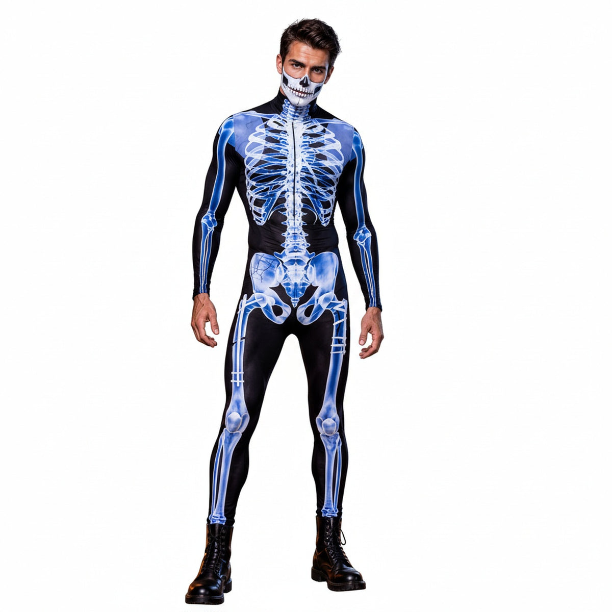 Unisex Halloween Skeleton Jumpsuit with Long Sleeves and High Neck
