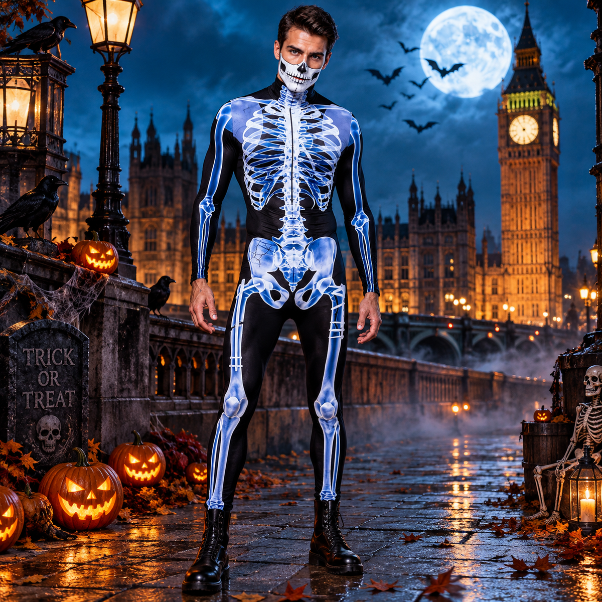 Unisex Halloween Skeleton Jumpsuit with Long Sleeves and High Neck