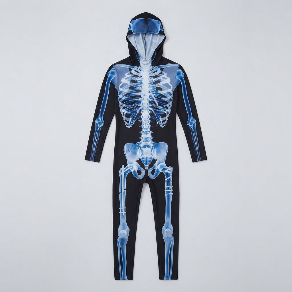 Unisex Halloween Skeleton Jumpsuit with Long Sleeves and High Neck
