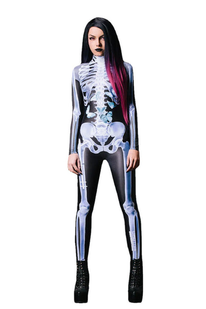Unisex Halloween Skeleton Jumpsuit with Long Sleeves and High Neck