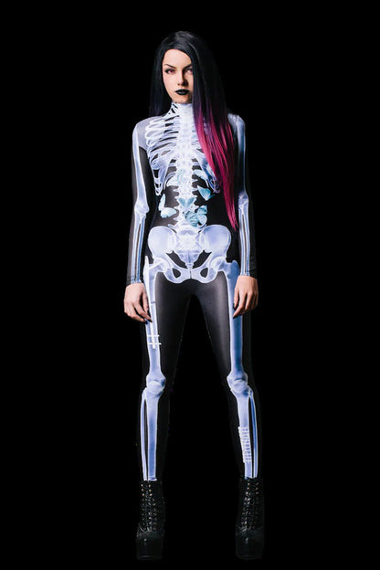 Unisex Halloween Skeleton Jumpsuit with Long Sleeves and High Neck