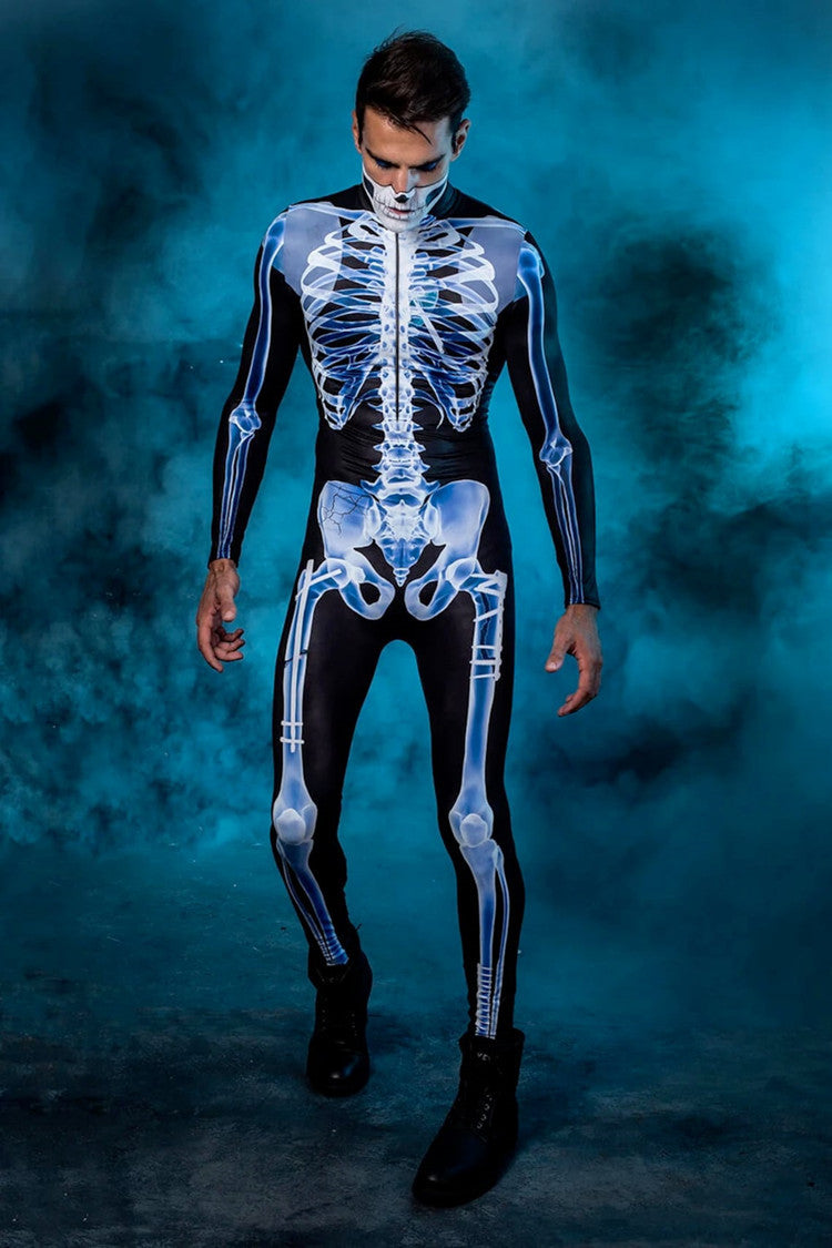 Unisex Halloween Skeleton Jumpsuit with Long Sleeves and High Neck