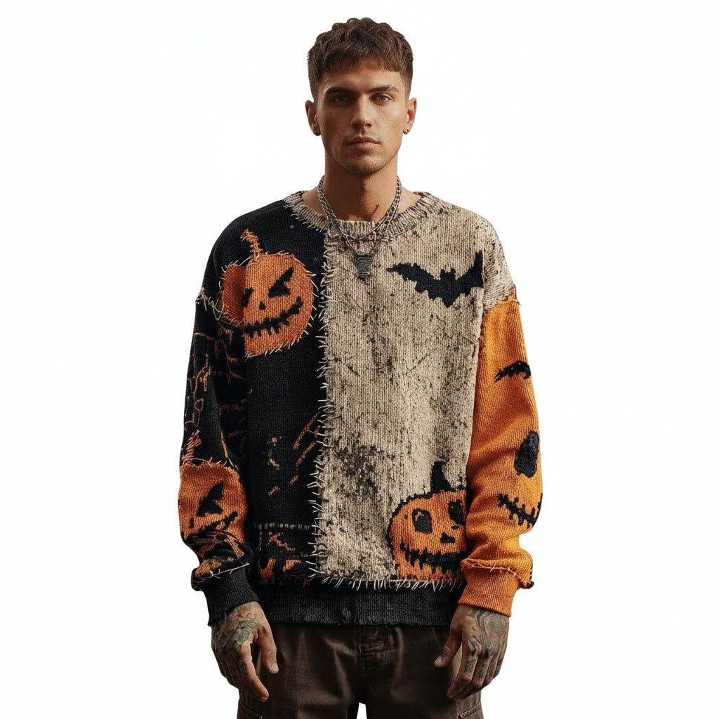 Unisex Halloween Sweater with Pumpkin and Horror Print Long Sleeve Round Neck Oversized