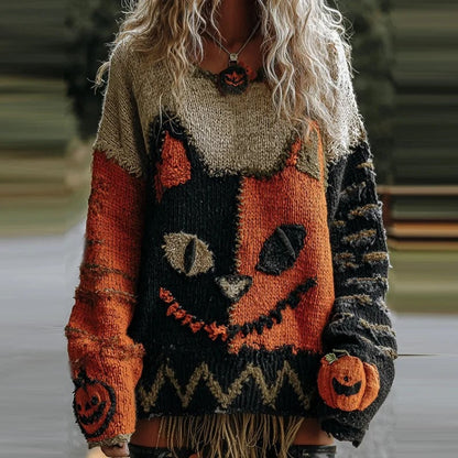 Unisex Halloween Sweater with Pumpkin and Horror Print Long Sleeve Round Neck Oversized