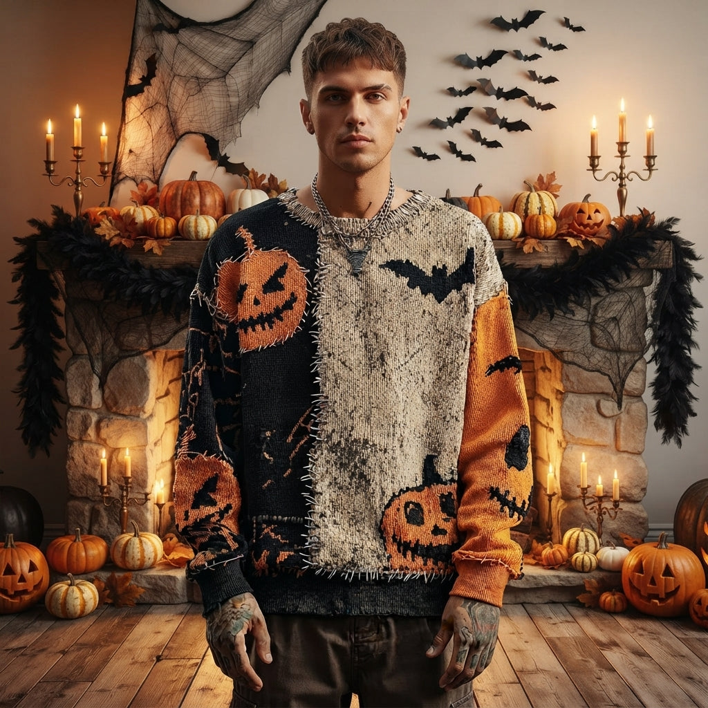 Unisex Halloween Sweater with Pumpkin and Horror Print Long Sleeve Round Neck Oversized