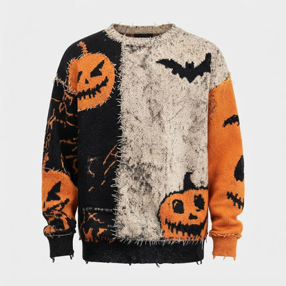 Unisex Halloween Sweater with Pumpkin and Horror Print Long Sleeve Round Neck Oversized