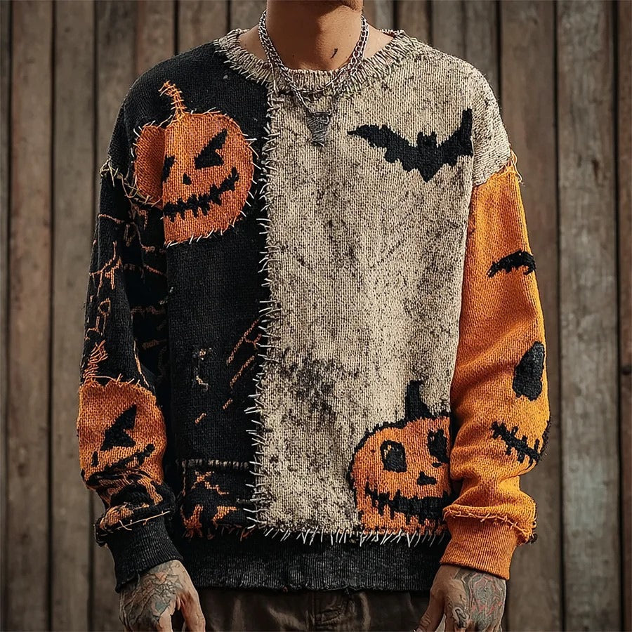 Unisex Halloween Sweater with Pumpkin and Horror Print Long Sleeve Round Neck Oversized