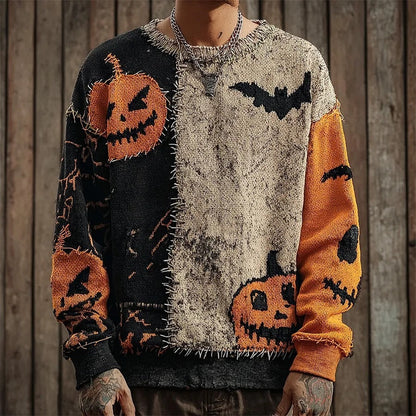 Unisex Halloween Sweater with Pumpkin and Horror Print Long Sleeve Round Neck Oversized