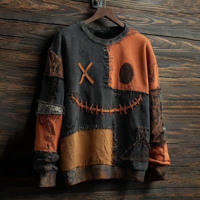 Unisex Halloween Sweater with Pumpkin and Horror Print Long Sleeve Round Neck Oversized