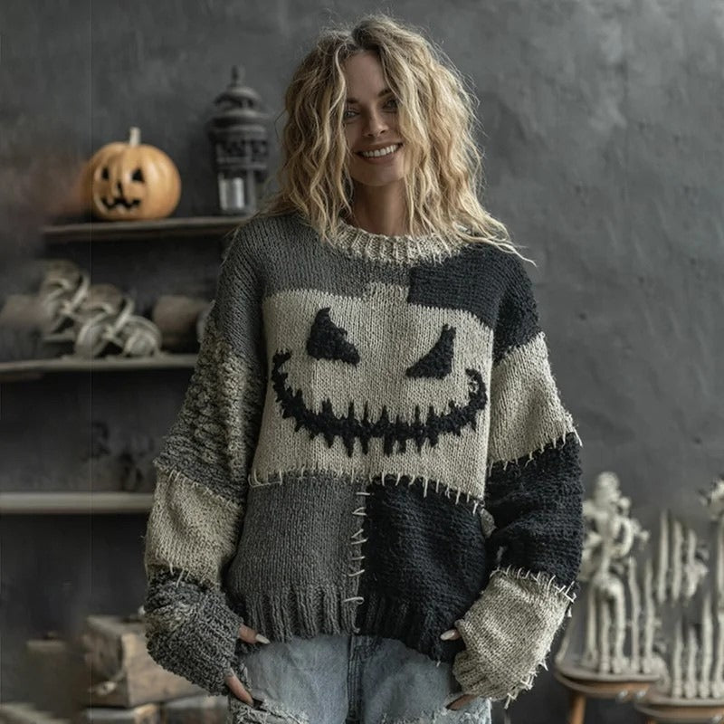 Unisex Halloween Sweater with Pumpkin and Horror Print Long Sleeve Round Neck Oversized