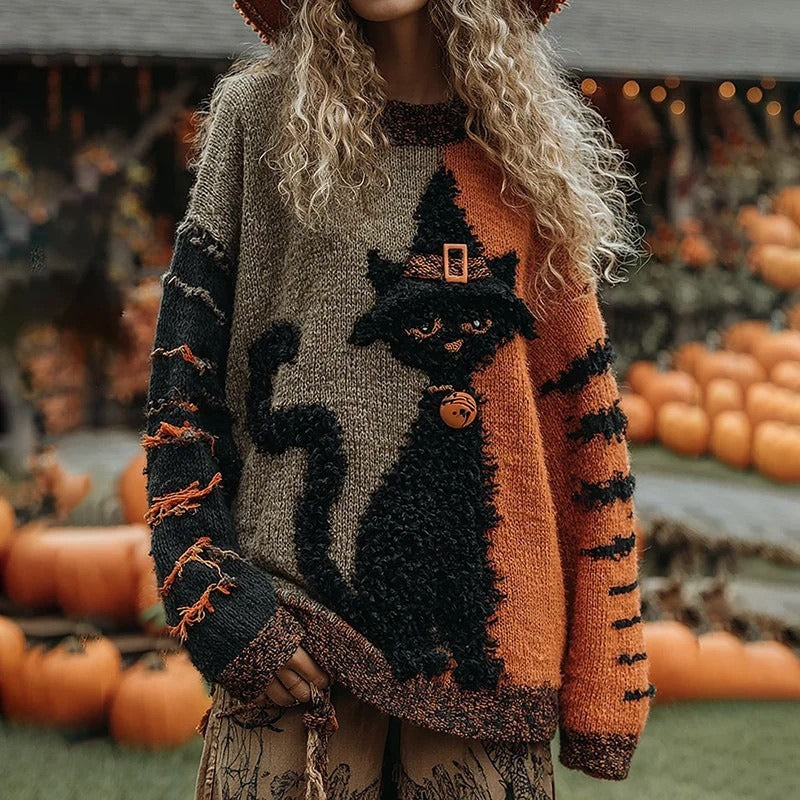 Unisex Halloween Sweater with Pumpkin and Horror Print Long Sleeve Round Neck Oversized
