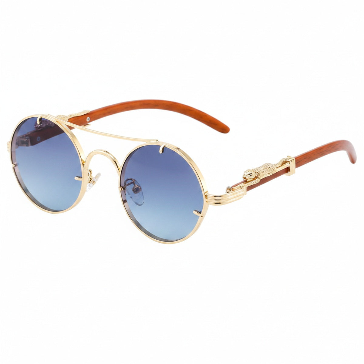 Unisex Round Retro Sunglasses with Double-Beam Frame and Panther Detail