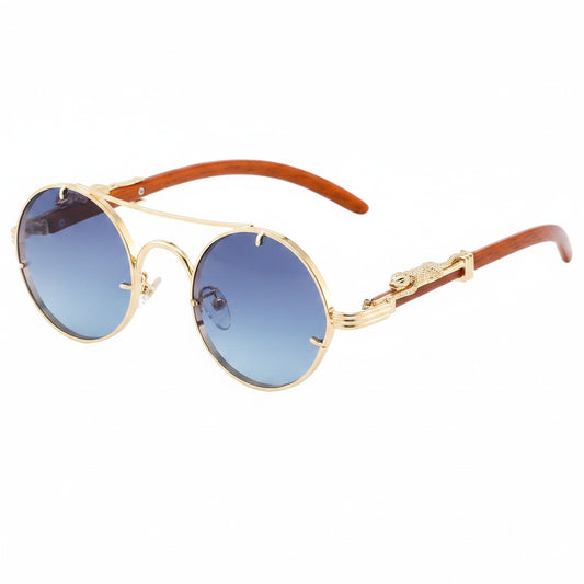 Unisex Round Retro Sunglasses with Double-Beam Frame and Panther Detail