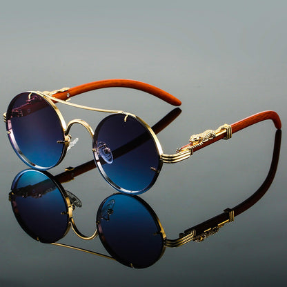 Unisex Round Retro Sunglasses with Double-Beam Frame and Panther Detail