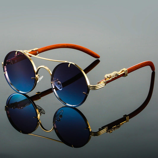 Unisex Round Retro Sunglasses with Double-Beam Frame and Panther Detail