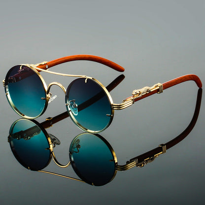Unisex Round Retro Sunglasses with Double-Beam Frame and Panther Detail