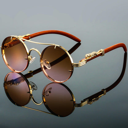Unisex Round Retro Sunglasses with Double-Beam Frame and Panther Detail