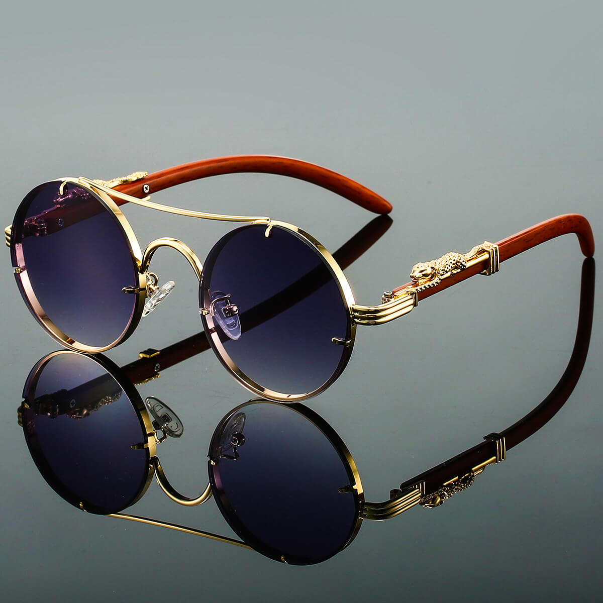 Unisex Round Retro Sunglasses with Double-Beam Frame and Panther Detail