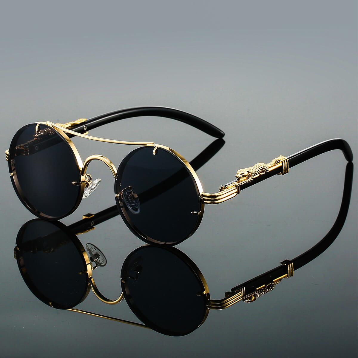Unisex Round Retro Sunglasses with Double-Beam Frame and Panther Detail