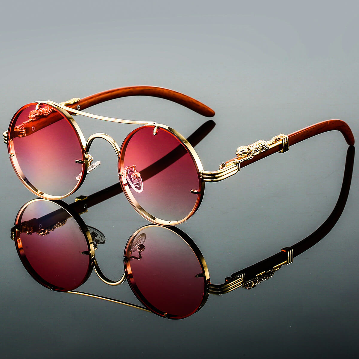 Unisex Round Retro Sunglasses with Double-Beam Frame and Panther Detail
