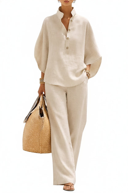 Wide Leg Trousers and Collared Top 2 Piece Set