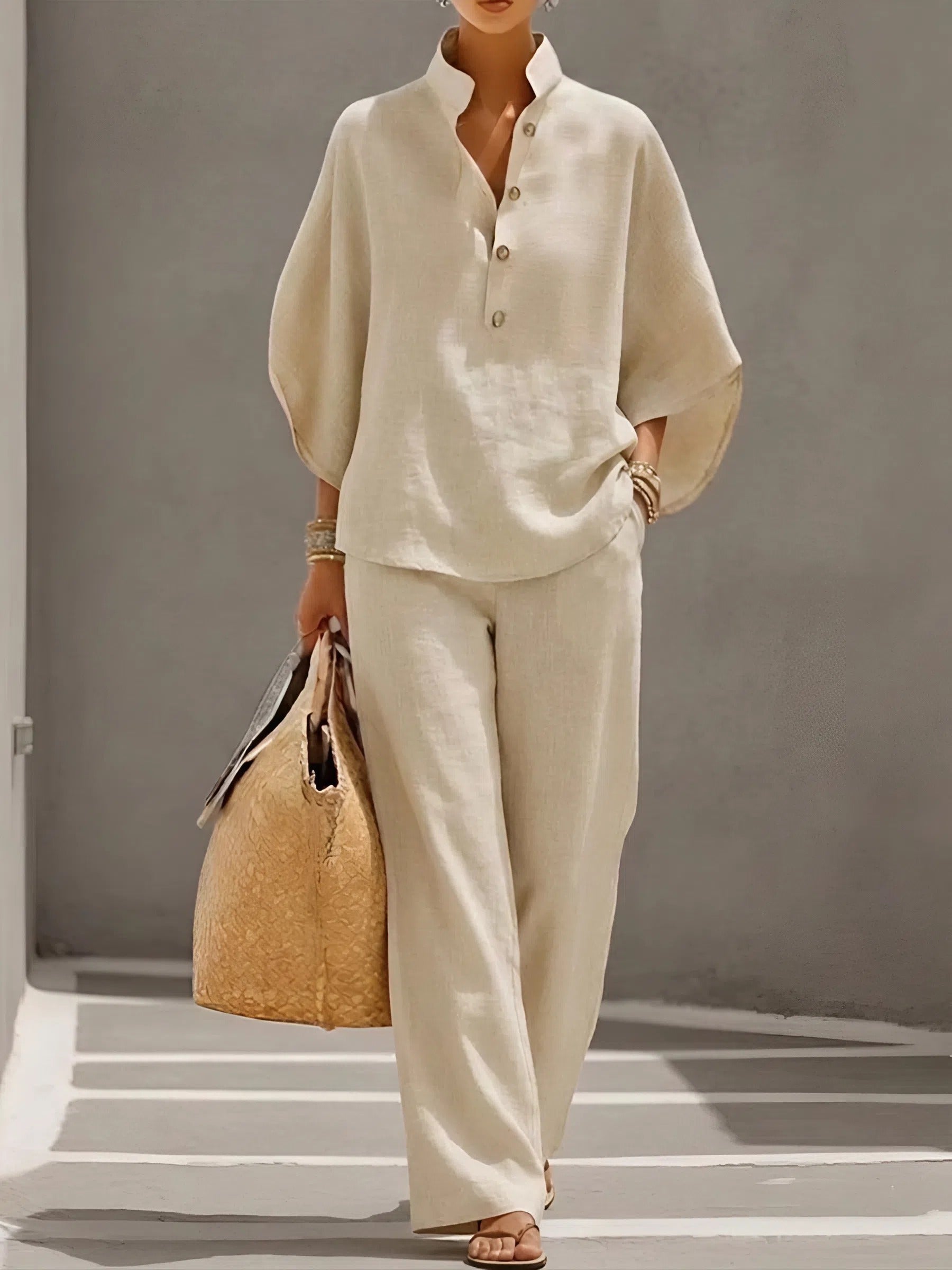 Wide Leg Trousers and Collared Top 2 Piece Set
